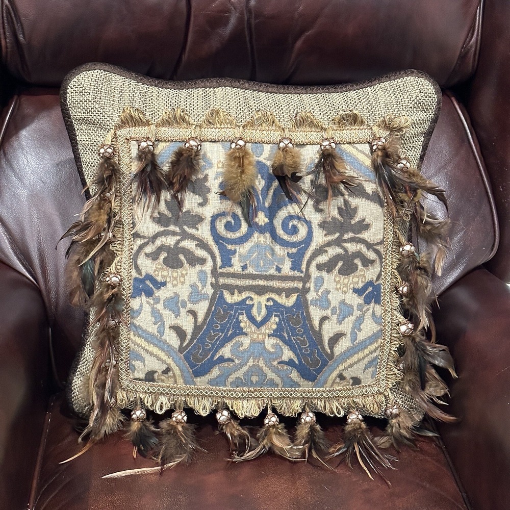 Custom Decor Woven Throw Pillow 17 Inch‎ Tassels Trim Feathers Boho Blue Beige